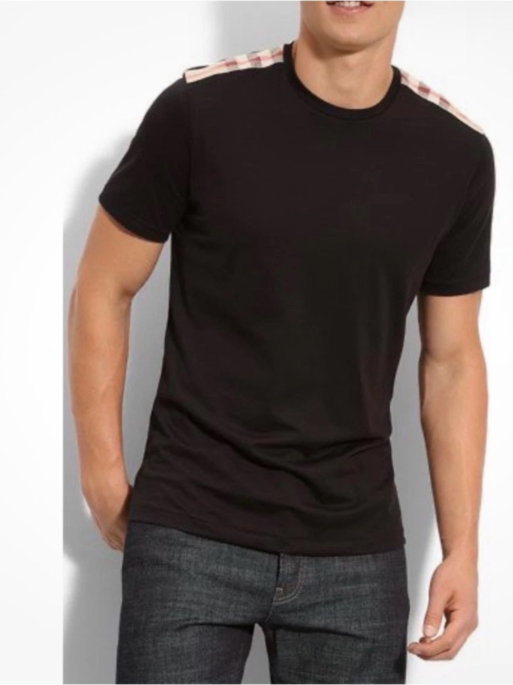 Burberry Brit  Black Crew Neck T-Shirt with Plaid Shoulder Detail